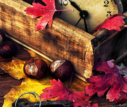 Obsolete alarm clock on wooden background strewn with fallen leaves